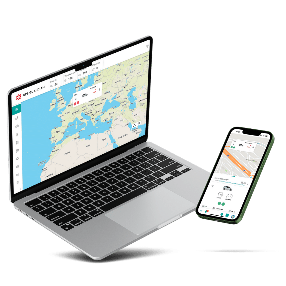Laptop i telefon z pokazaną aplikacją GPS Guardian w wersji desktopowej oraz mobilnej